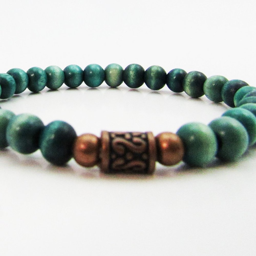 Boho Simple Teal Wood and Copper Stackable Bracelet